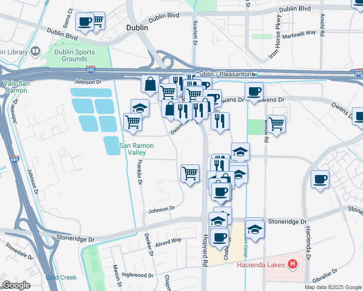map of restaurants, bars, coffee shops, grocery stores, and more near 5050 Hopyard Road in Pleasanton