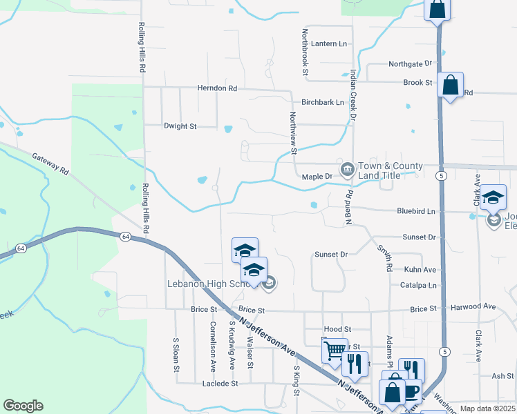 map of restaurants, bars, coffee shops, grocery stores, and more near 540 Blue Bird Lane in Lebanon