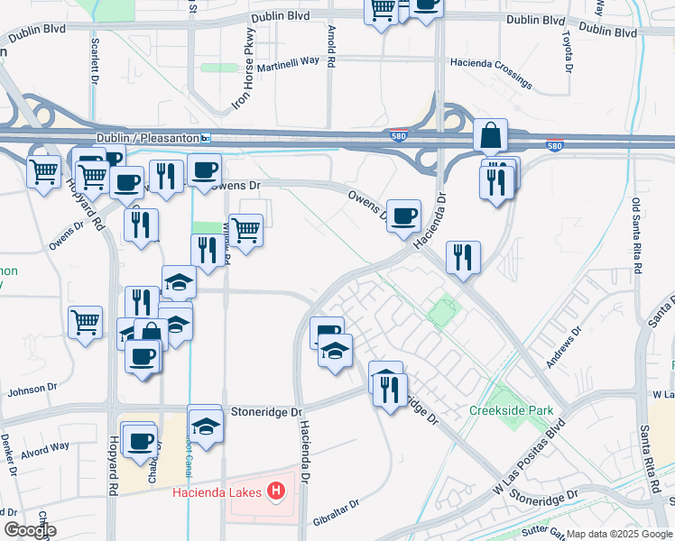 map of restaurants, bars, coffee shops, grocery stores, and more near 4434 Hacienda Drive in Pleasanton