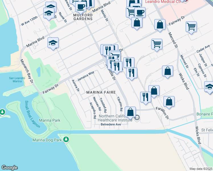 map of restaurants, bars, coffee shops, grocery stores, and more near 2285 Bermuda Avenue in San Leandro
