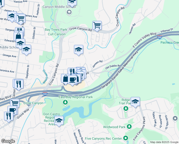 map of restaurants, bars, coffee shops, grocery stores, and more near 4320-4248 East Castro Valley Boulevard in Castro Valley