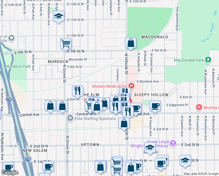 map of restaurants, bars, coffee shops, grocery stores, and more near 638 North Erie Street in Wichita