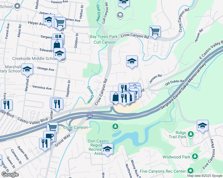 map of restaurants, bars, coffee shops, grocery stores, and more near 21164 Timco Way in Castro Valley