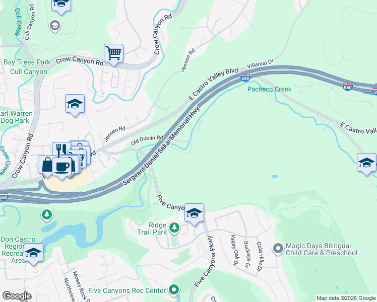 map of restaurants, bars, coffee shops, grocery stores, and more near 4992 Fraga Road in Castro Valley
