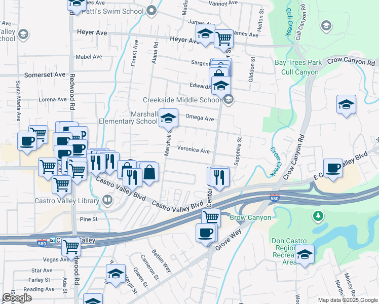 map of restaurants, bars, coffee shops, grocery stores, and more near 4183 Veronica Avenue in Castro Valley
