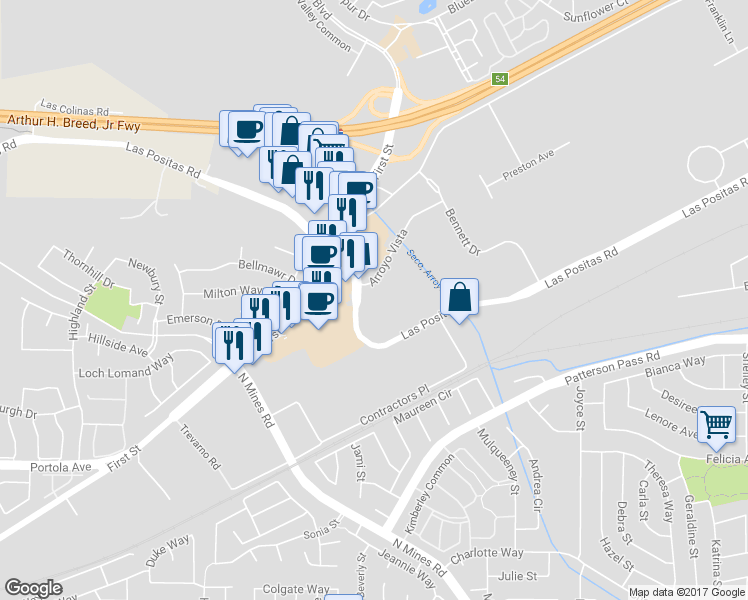 map of restaurants, bars, coffee shops, grocery stores, and more near 4536 Las Positas Road in Livermore