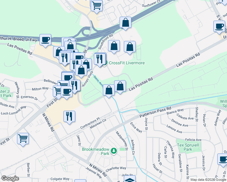 map of restaurants, bars, coffee shops, grocery stores, and more near 4647a Las Positas Road in Livermore