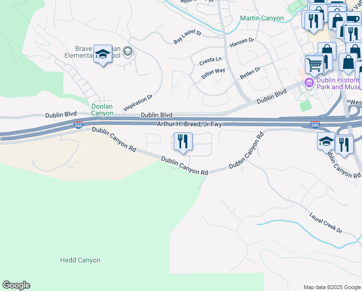 map of restaurants, bars, coffee shops, grocery stores, and more near 7860 Canyon Meadows Circle in Pleasanton
