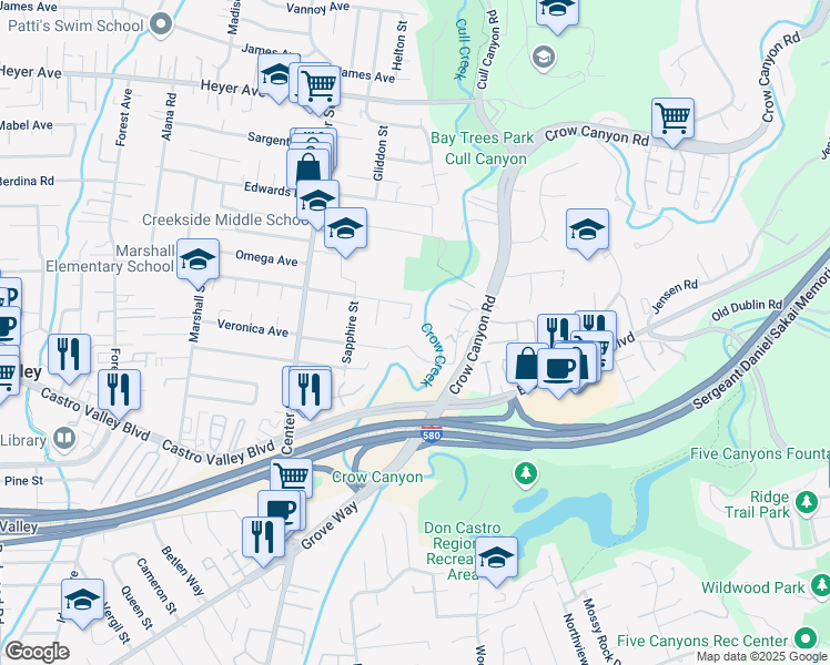 map of restaurants, bars, coffee shops, grocery stores, and more near 4855 Roberts Court in Castro Valley