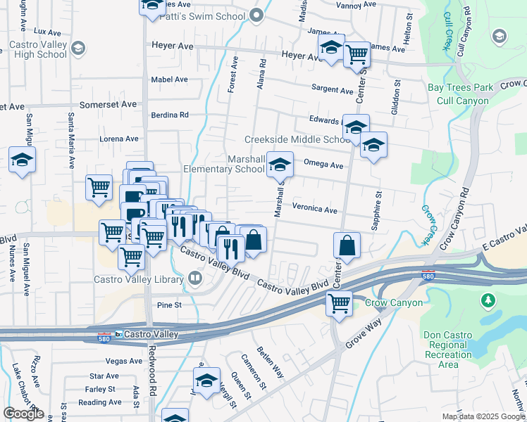 map of restaurants, bars, coffee shops, grocery stores, and more near 4051 Marshall Lane in Castro Valley