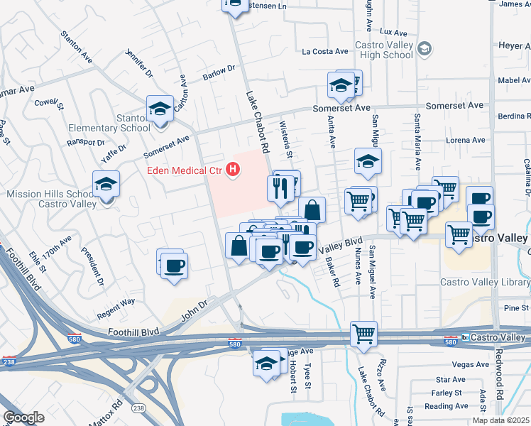 map of restaurants, bars, coffee shops, grocery stores, and more near 20400 Park Way in Castro Valley