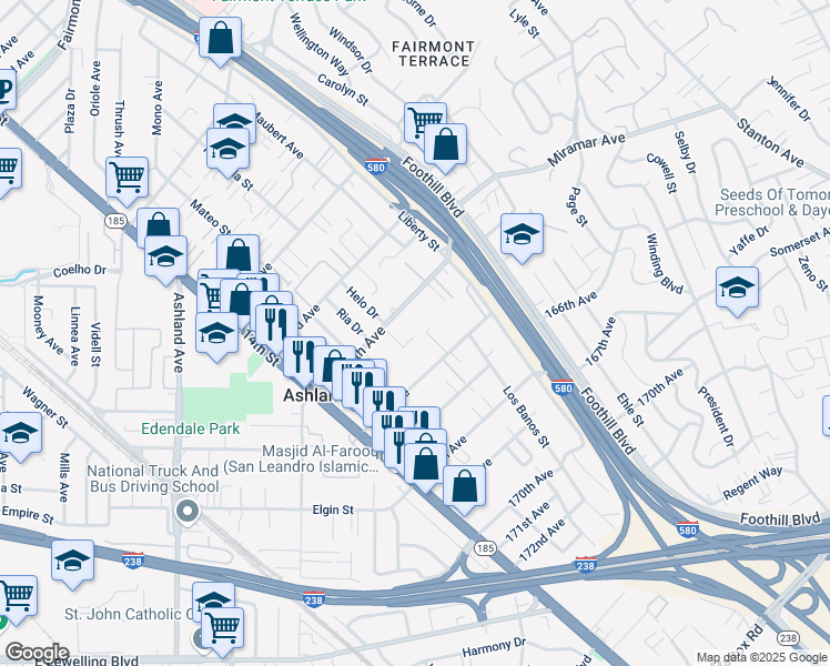 map of restaurants, bars, coffee shops, grocery stores, and more near 1520 164th Avenue in San Leandro
