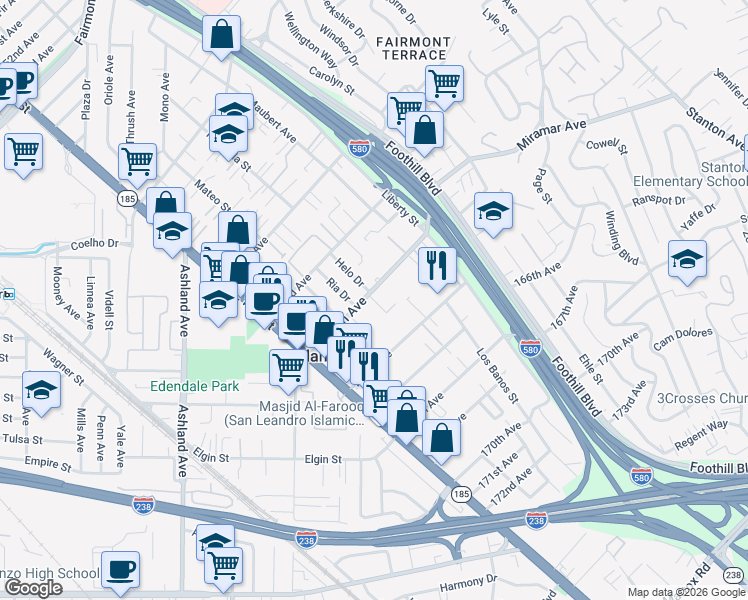 map of restaurants, bars, coffee shops, grocery stores, and more near 1520 164th Avenue in San Leandro