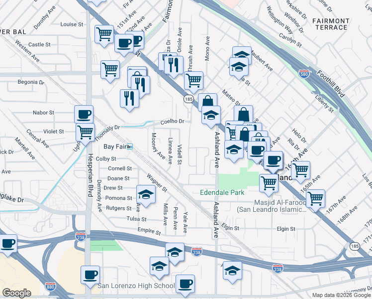 map of restaurants, bars, coffee shops, grocery stores, and more near 986 Heather Lane in San Lorenzo