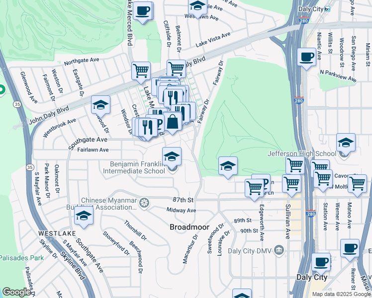 map of restaurants, bars, coffee shops, grocery stores, and more near 305 Palmcrest Drive in Daly City