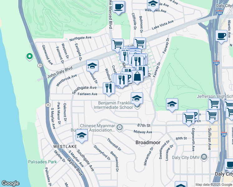 map of restaurants, bars, coffee shops, grocery stores, and more near 72 Fairlawn Court in Daly City