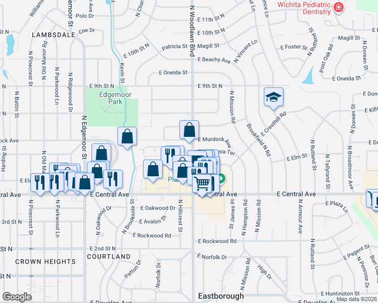 map of restaurants, bars, coffee shops, grocery stores, and more near 641 North Woodlawn Street in Wichita