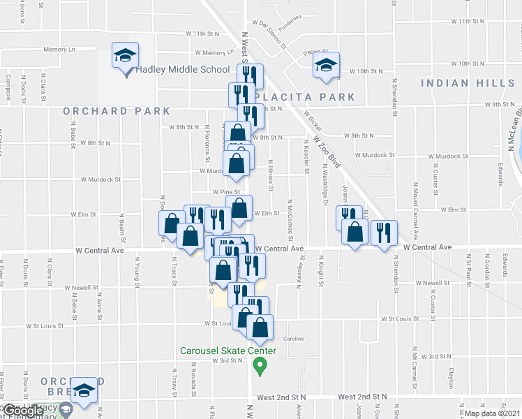map of restaurants, bars, coffee shops, grocery stores, and more near 762 North West Street in Wichita