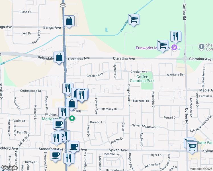 map of restaurants, bars, coffee shops, grocery stores, and more near 137 Clipper Lane in Modesto