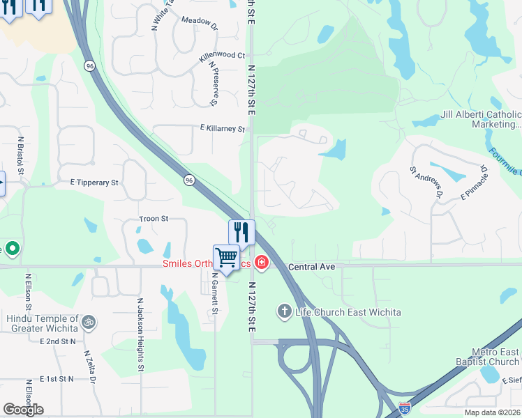 map of restaurants, bars, coffee shops, grocery stores, and more near 649 Crestridge Court in Wichita