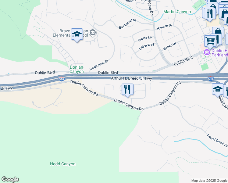 map of restaurants, bars, coffee shops, grocery stores, and more near 8134 Canyon Creek Circle in Pleasanton