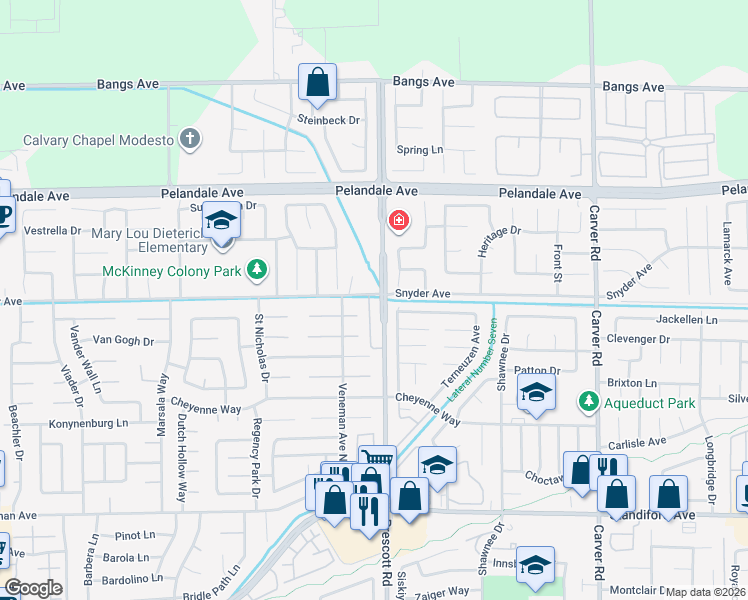map of restaurants, bars, coffee shops, grocery stores, and more near 3929 Prescott Road in Modesto