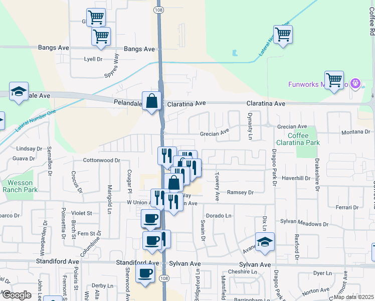 map of restaurants, bars, coffee shops, grocery stores, and more near 4024 McHenry Avenue in Modesto