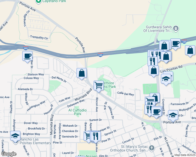 map of restaurants, bars, coffee shops, grocery stores, and more near 1601 Paseo Laguna Seco in Livermore