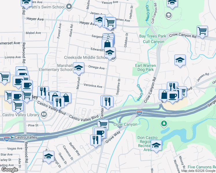 map of restaurants, bars, coffee shops, grocery stores, and more near 4258 Veronica Avenue in Castro Valley