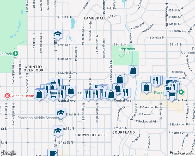 map of restaurants, bars, coffee shops, grocery stores, and more near 5332 East Pine Street in Wichita