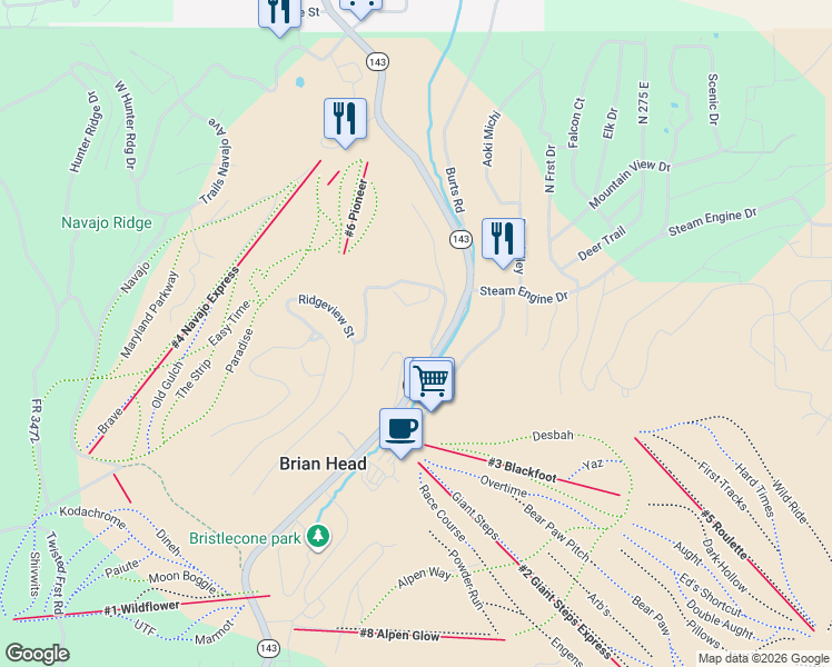 map of restaurants, bars, coffee shops, grocery stores, and more near 269-387 Ridgeview Street in Cedar City