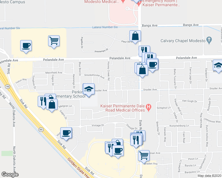 map of restaurants, bars, coffee shops, grocery stores, and more near 4000 Honey Creek Road in Modesto