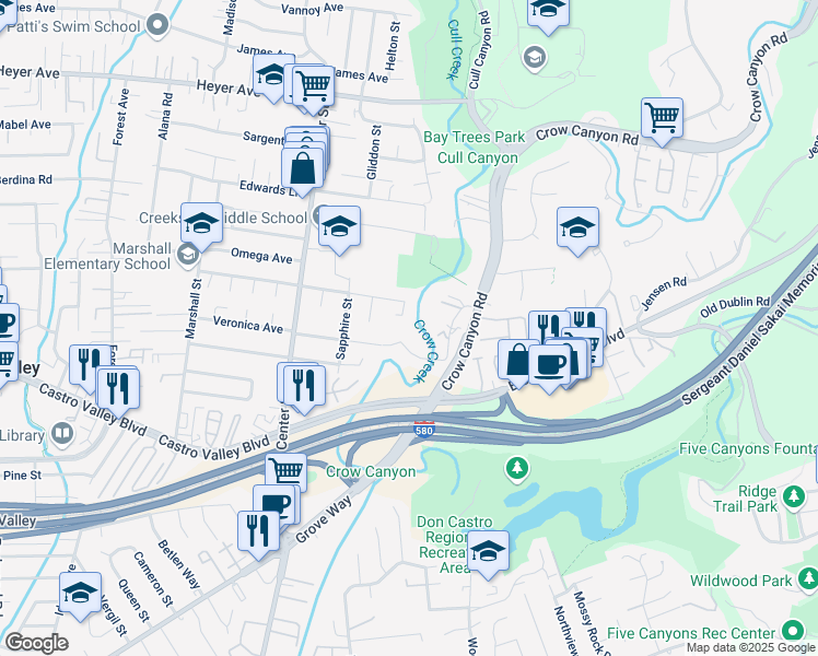 map of restaurants, bars, coffee shops, grocery stores, and more near 4855 Roberts Court in Castro Valley