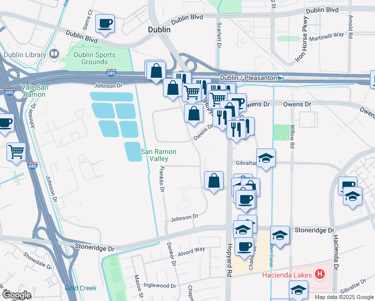map of restaurants, bars, coffee shops, grocery stores, and more near 6602 Owens Drive in Pleasanton