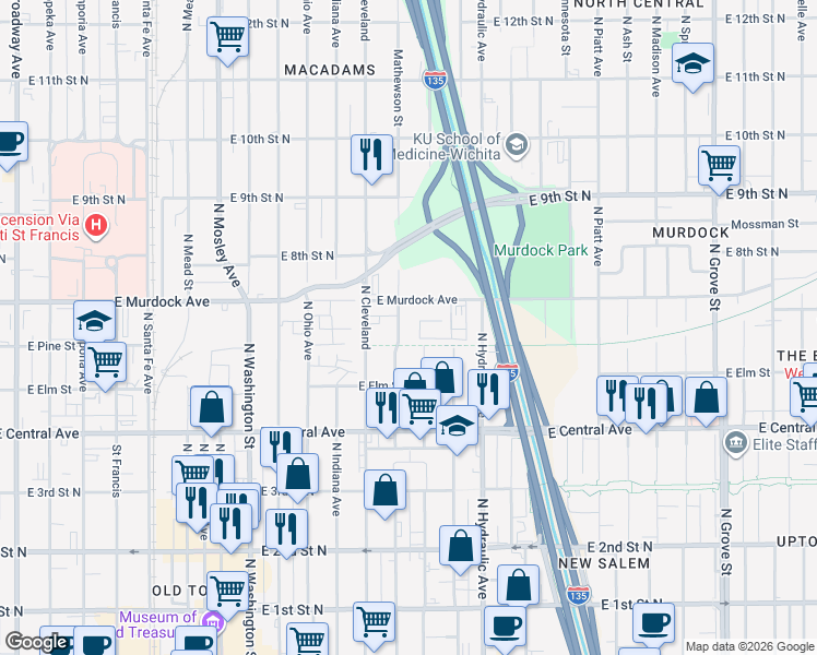 map of restaurants, bars, coffee shops, grocery stores, and more near 708 N Mathewson Ave in Wichita