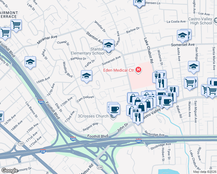 map of restaurants, bars, coffee shops, grocery stores, and more near 2410 Stanton Hill Road in Castro Valley