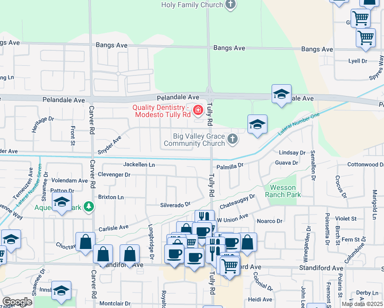 map of restaurants, bars, coffee shops, grocery stores, and more near 1300 Blakely Lane in Modesto