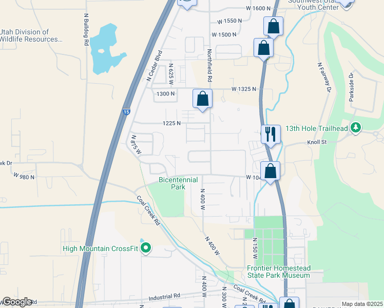 map of restaurants, bars, coffee shops, grocery stores, and more near 487 West 1150 North in Cedar City