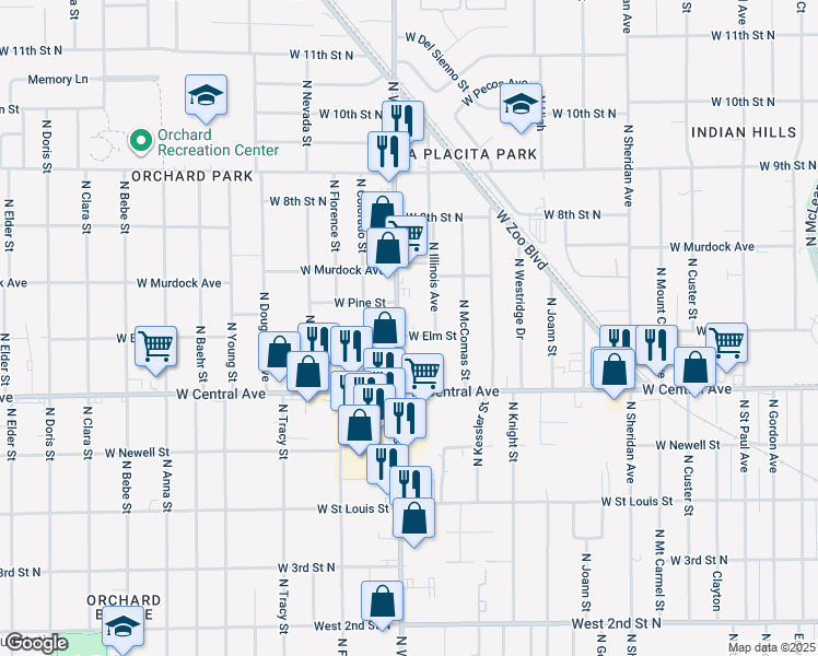 map of restaurants, bars, coffee shops, grocery stores, and more near 762 North West Street in Wichita