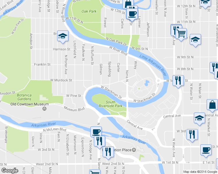 map of restaurants, bars, coffee shops, grocery stores, and more near North Spaulding Avenue in Wichita