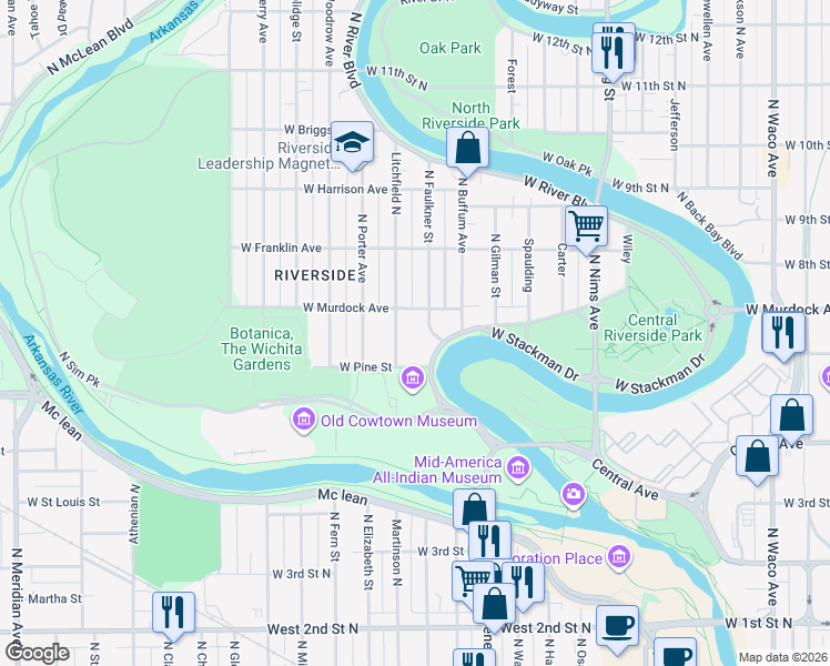 map of restaurants, bars, coffee shops, grocery stores, and more near 725 West Stackman Drive in Wichita