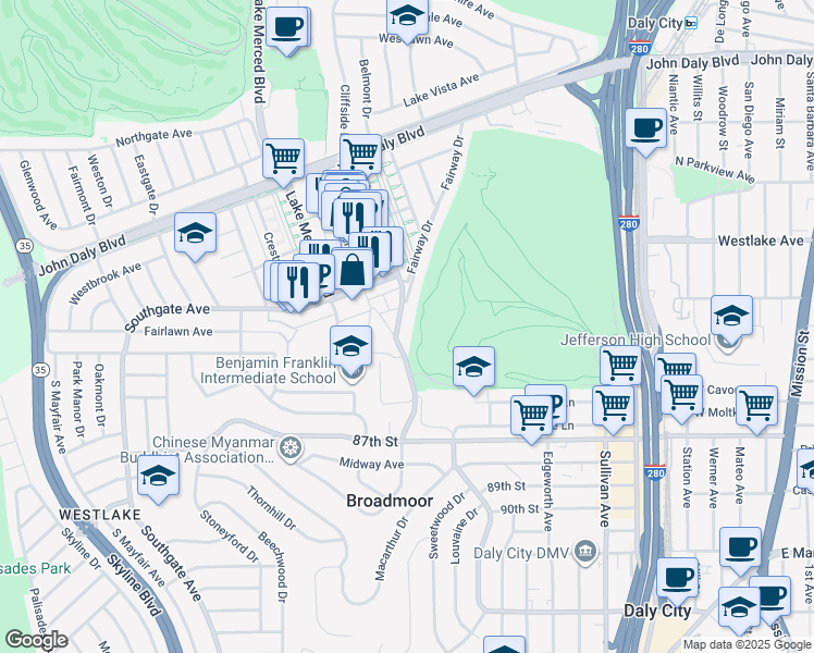 map of restaurants, bars, coffee shops, grocery stores, and more near 331 Park Plaza Drive in Daly City