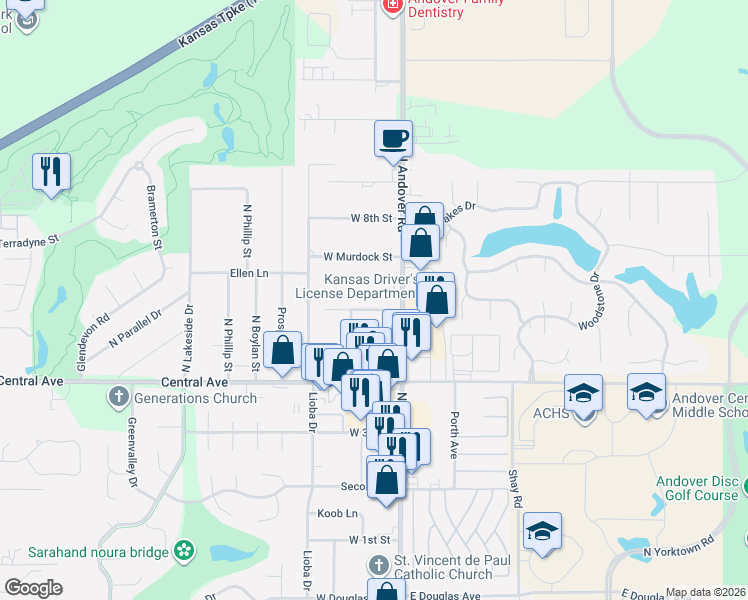 map of restaurants, bars, coffee shops, grocery stores, and more near 209 West Virginia Road in Andover