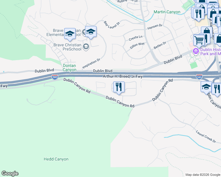 map of restaurants, bars, coffee shops, grocery stores, and more near 7815 Canyon Meadows Circle in Pleasanton
