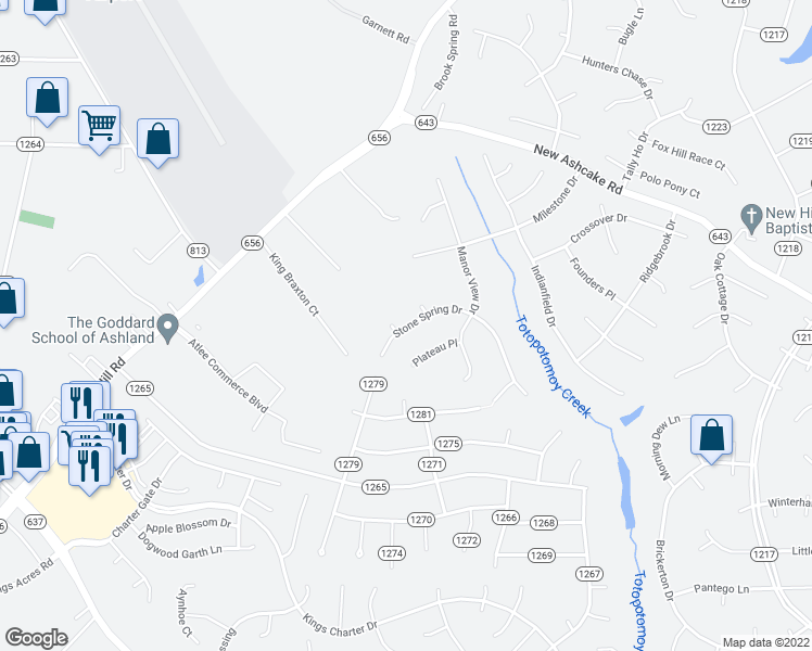 map of restaurants, bars, coffee shops, grocery stores, and more near 9509 Stone Spring Drive in Mechanicsville