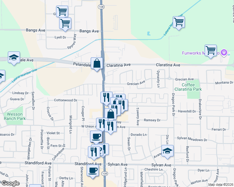 map of restaurants, bars, coffee shops, grocery stores, and more near 4024 McHenry Avenue in Modesto