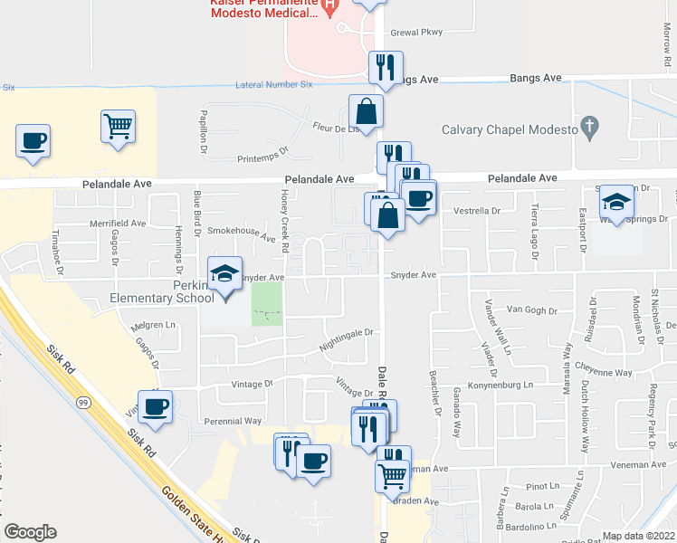 map of restaurants, bars, coffee shops, grocery stores, and more near 3020 Snyder Avenue in Modesto