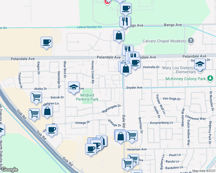map of restaurants, bars, coffee shops, grocery stores, and more near 3104 Snyder Avenue in Modesto
