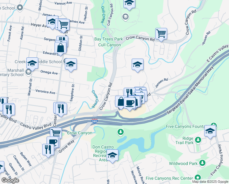 map of restaurants, bars, coffee shops, grocery stores, and more near 21190 Timco Way in Castro Valley