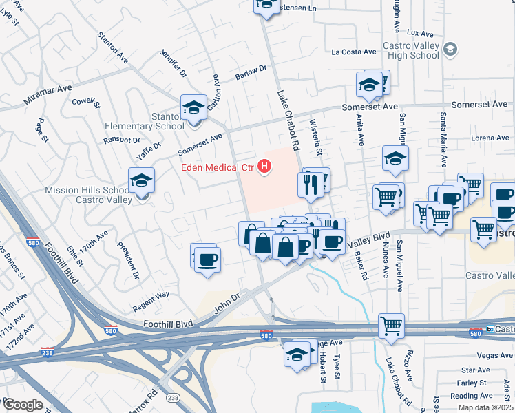 map of restaurants, bars, coffee shops, grocery stores, and more near 2532 Denning Court in Castro Valley